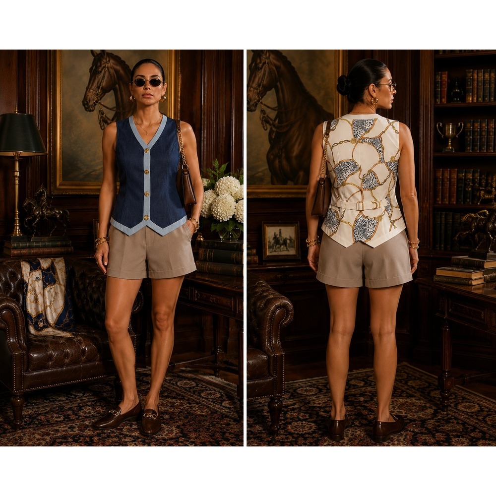 St. John Sport Denim Vest Chain Animal Print Mixed Media P 2 XS